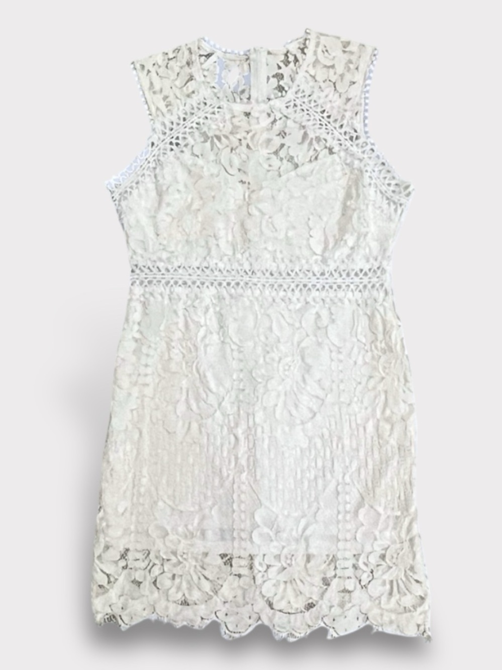 White Lace Overlay Sleeveless Mini Dress Sheer Cutout Scallop Hem | Size L / XL